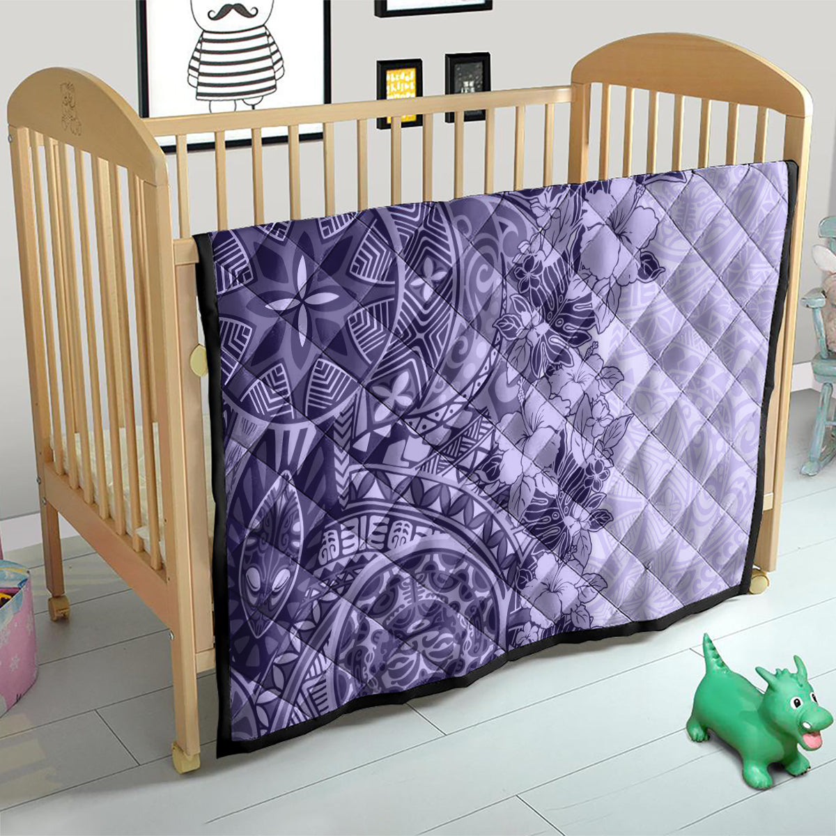 Polynesia Quilt Hibiscus and Hawaiian Tribal Tattoo Retro Style Violet Color - Wonder Print Shop
