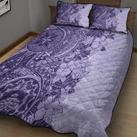Polynesia Quilt Bed Set Hibiscus and Hawaiian Tribal Tattoo Retro Style Violet Color - Wonder Print Shop