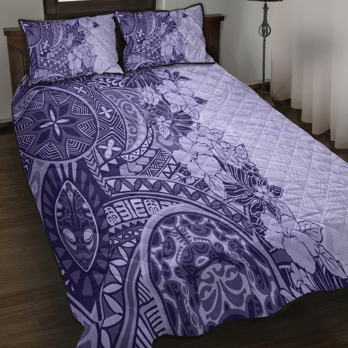 Polynesia Quilt Bed Set Hibiscus and Hawaiian Tribal Tattoo Retro Style Violet Color - Wonder Print Shop