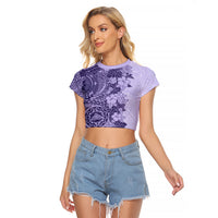 Polynesia Raglan Cropped T Shirt Hibiscus and Hawaiian Tribal Tattoo Retro Style Violet Color - Wonder Print Shop