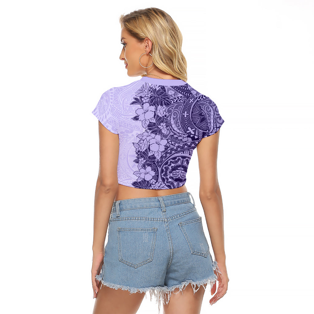 Polynesia Raglan Cropped T Shirt Hibiscus and Hawaiian Tribal Tattoo Retro Style Violet Color - Wonder Print Shop