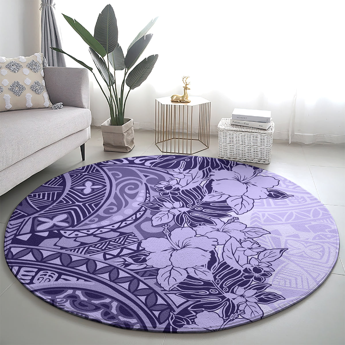 polynesia-round-carpet-hibiscus-and-hawaiian-tribal-tattoo-retro-style-violet-color