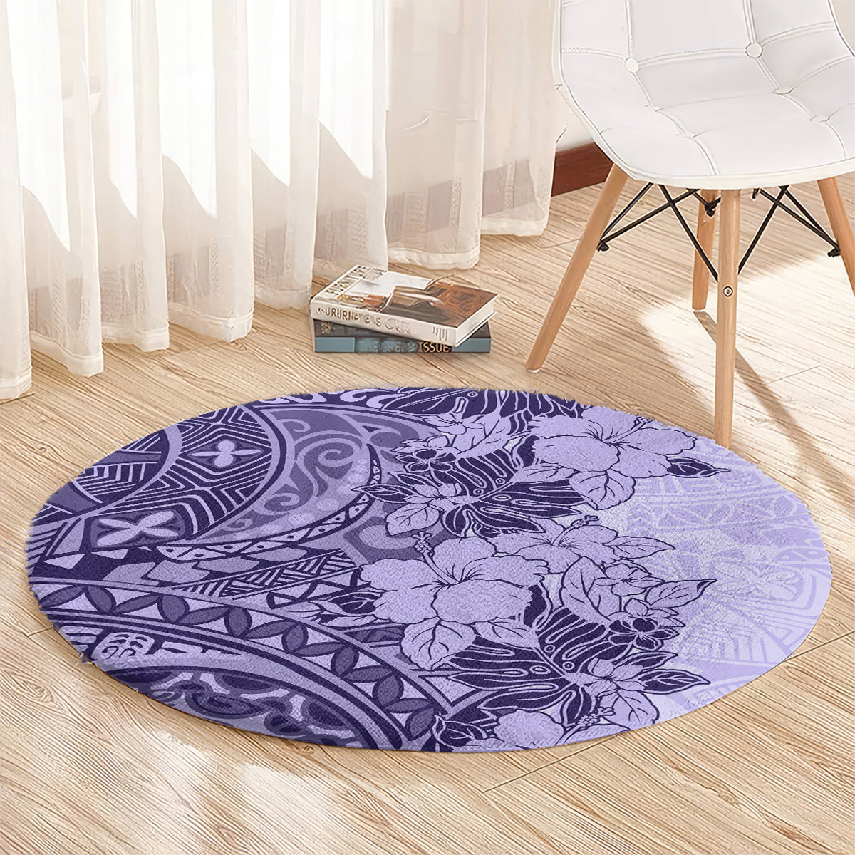 polynesia-round-carpet-hibiscus-and-hawaiian-tribal-tattoo-retro-style-violet-color