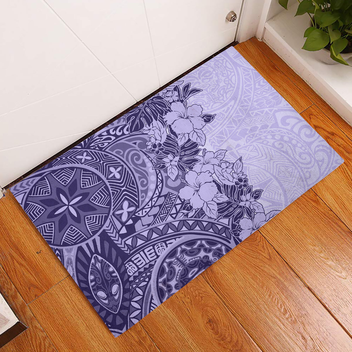 Polynesia Rubber Doormat Hibiscus and Hawaiian Tribal Tattoo Retro Style Violet Color - Wonder Print Shop