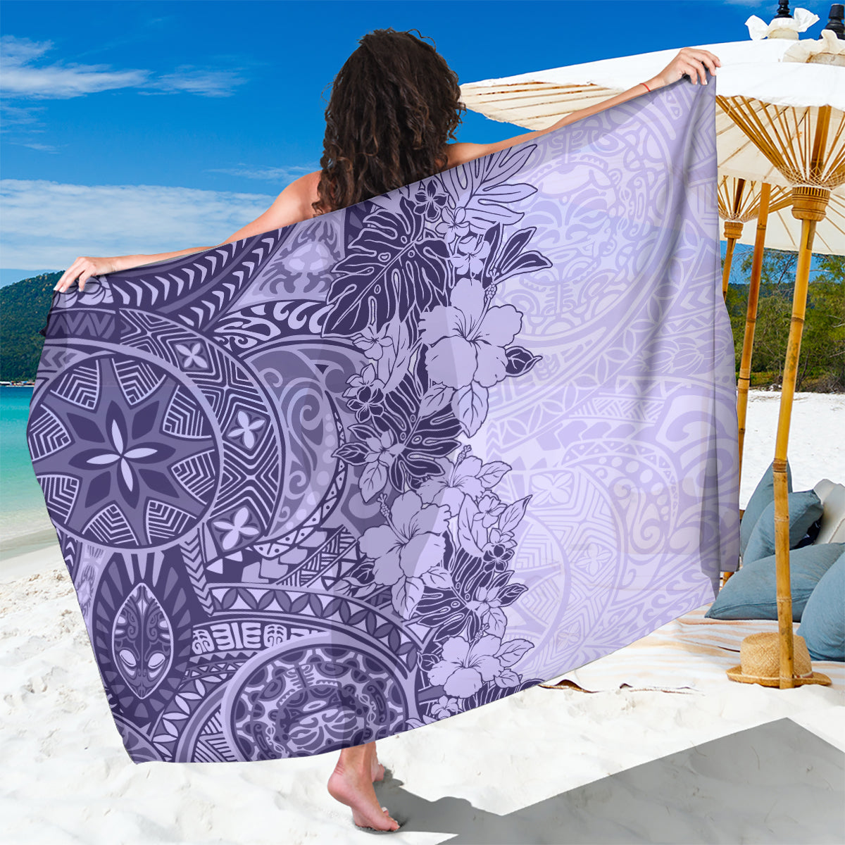 Polynesia Sarong Hibiscus and Hawaiian Tribal Tattoo Retro Style Violet Color - Wonder Print Shop