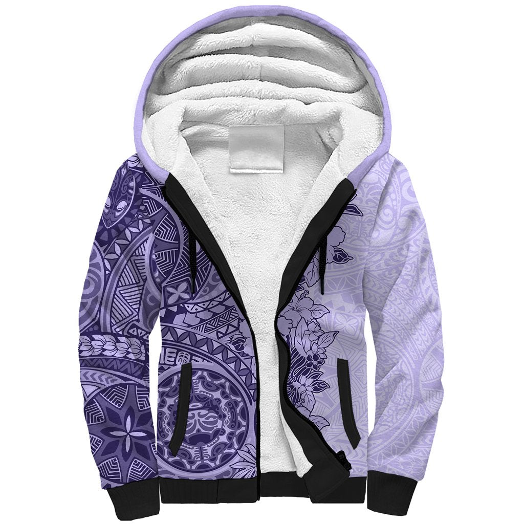 Polynesia Sherpa Hoodie Hibiscus and Hawaiian Tribal Tattoo Retro Style Violet Color - Wonder Print Shop