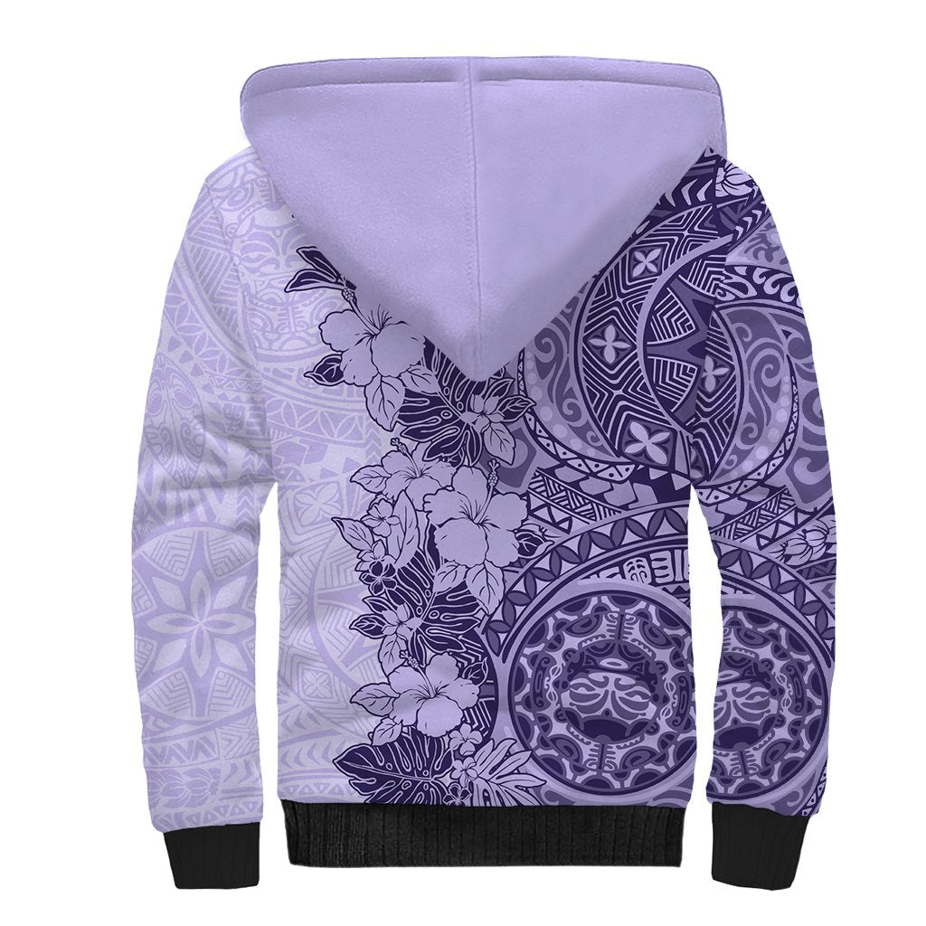 Polynesia Sherpa Hoodie Hibiscus and Hawaiian Tribal Tattoo Retro Style Violet Color - Wonder Print Shop