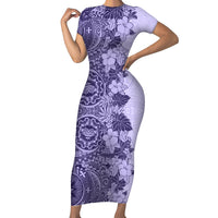 Polynesia Short Sleeve Bodycon Dress Hibiscus and Hawaiian Tribal Tattoo Retro Style Violet Color - Wonder Print Shop