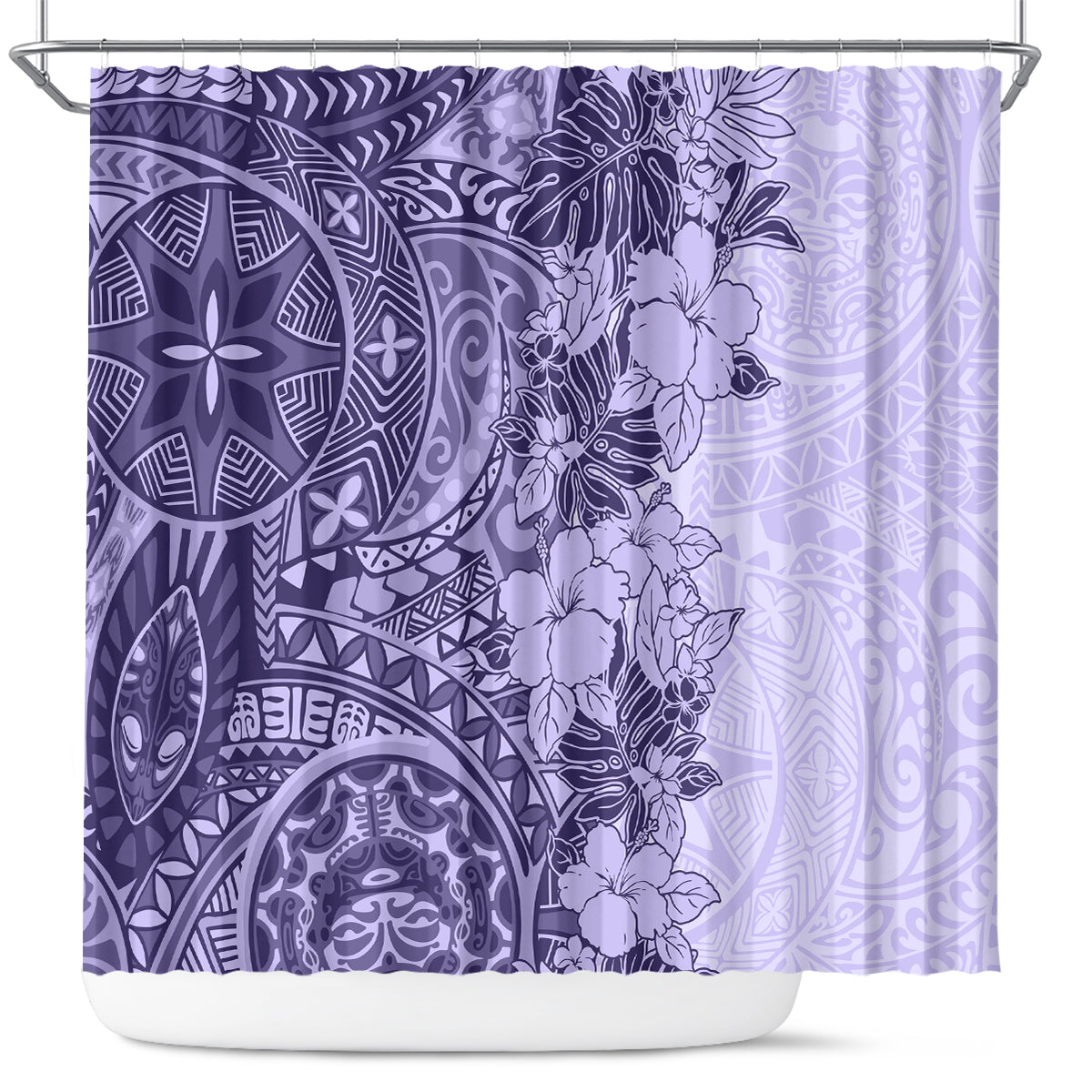 polynesia-shower-curtain-hibiscus-and-hawaiian-tribal-tattoo-retro-style-violet-color