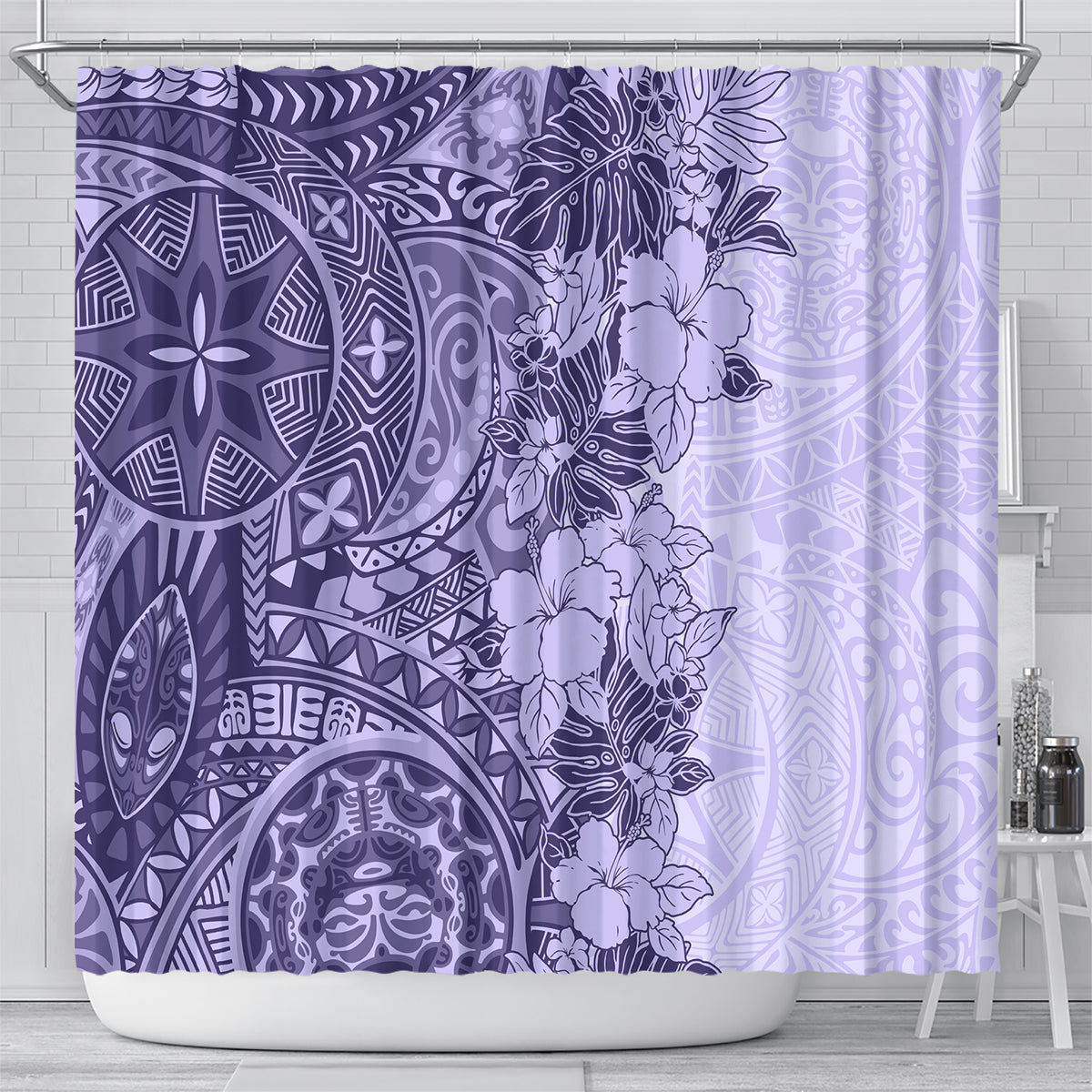 polynesia-shower-curtain-hibiscus-and-hawaiian-tribal-tattoo-retro-style-violet-color