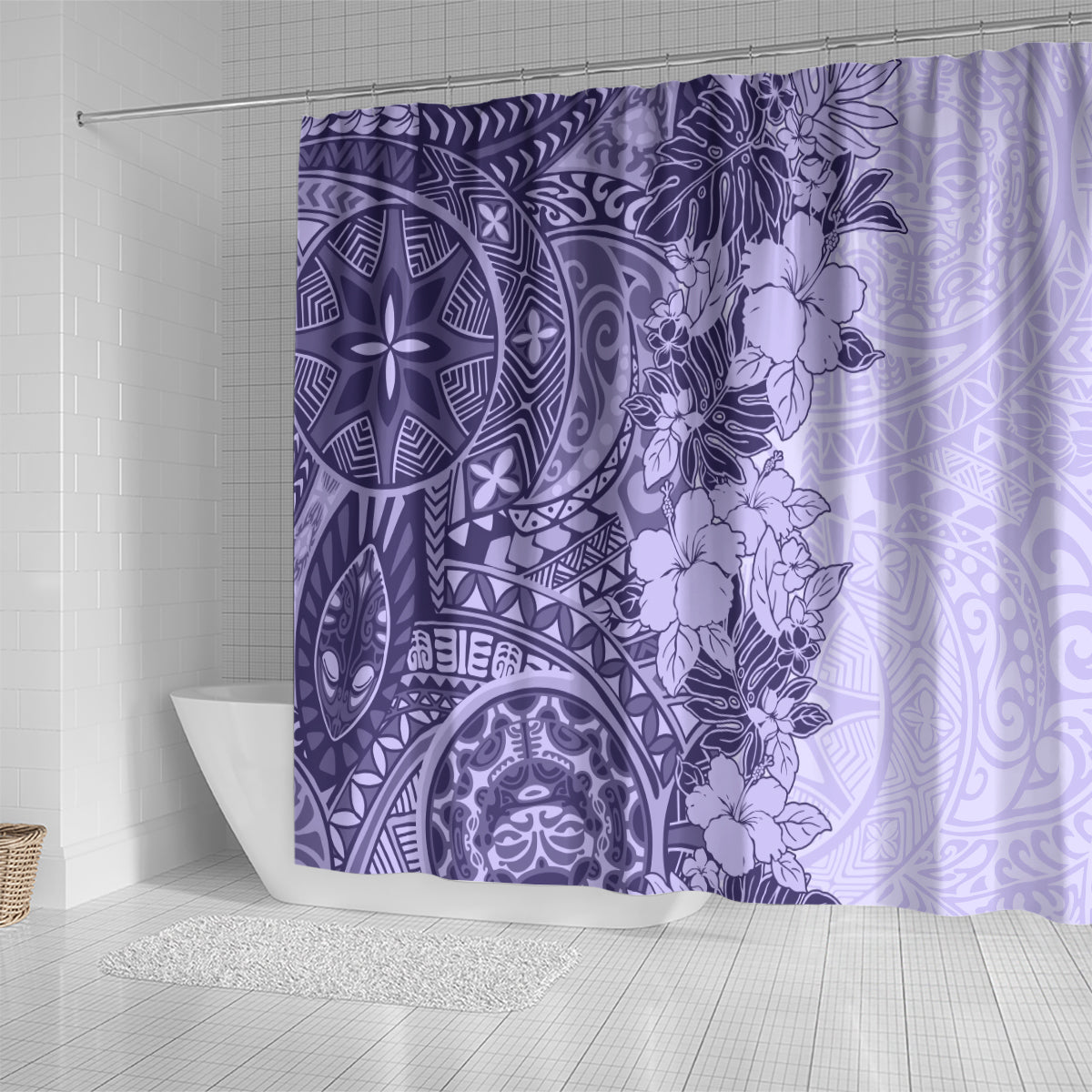 polynesia-shower-curtain-hibiscus-and-hawaiian-tribal-tattoo-retro-style-violet-color