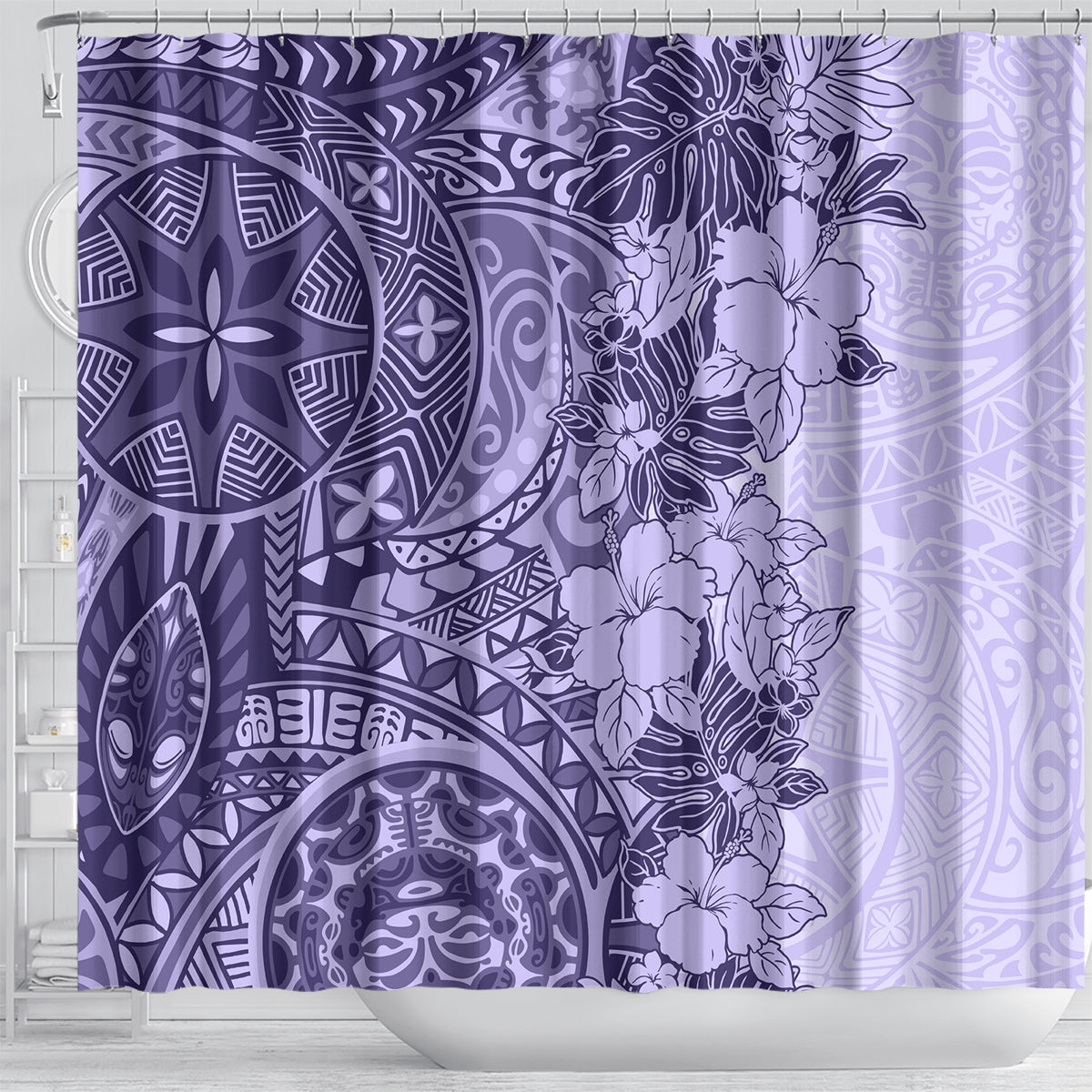 polynesia-shower-curtain-hibiscus-and-hawaiian-tribal-tattoo-retro-style-violet-color