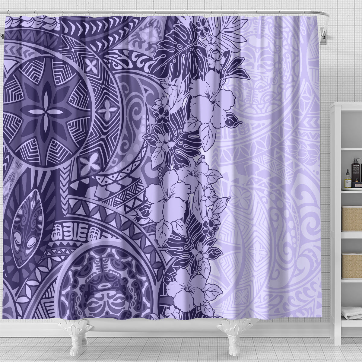 polynesia-shower-curtain-hibiscus-and-hawaiian-tribal-tattoo-retro-style-violet-color