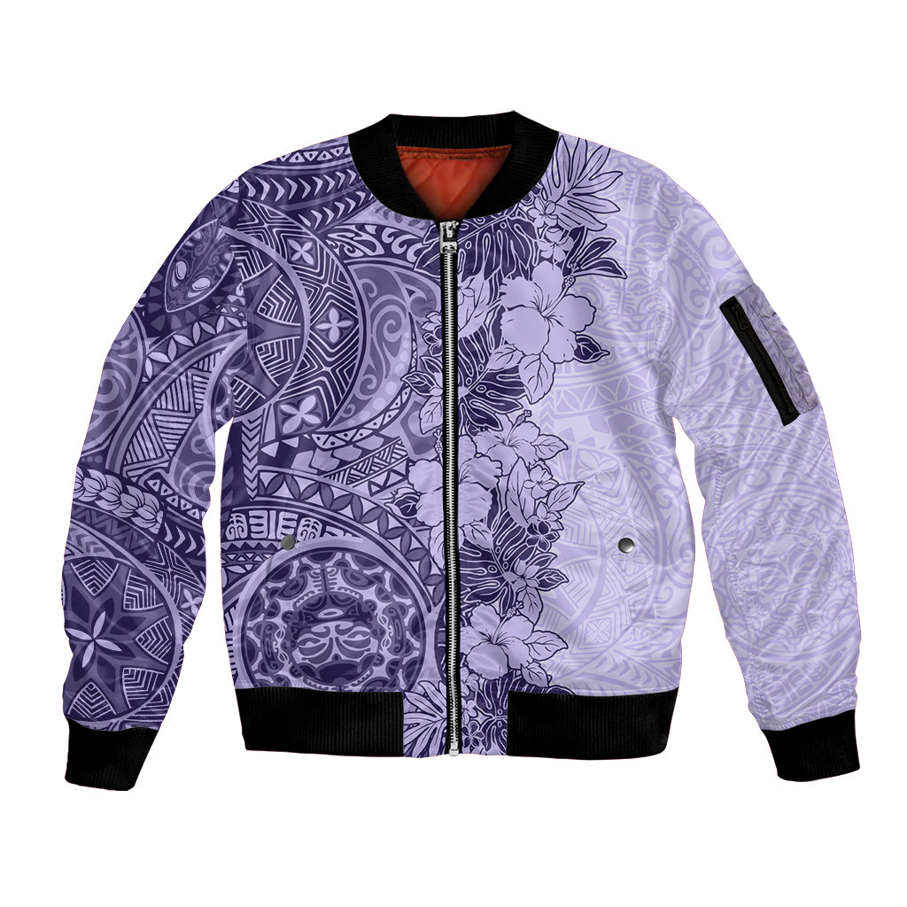 Polynesia Sleeve Zip Bomber Jacket Hibiscus and Hawaiian Tribal Tattoo Retro Style Violet Color - Wonder Print Shop