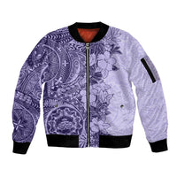 Polynesia Sleeve Zip Bomber Jacket Hibiscus and Hawaiian Tribal Tattoo Retro Style Violet Color - Wonder Print Shop