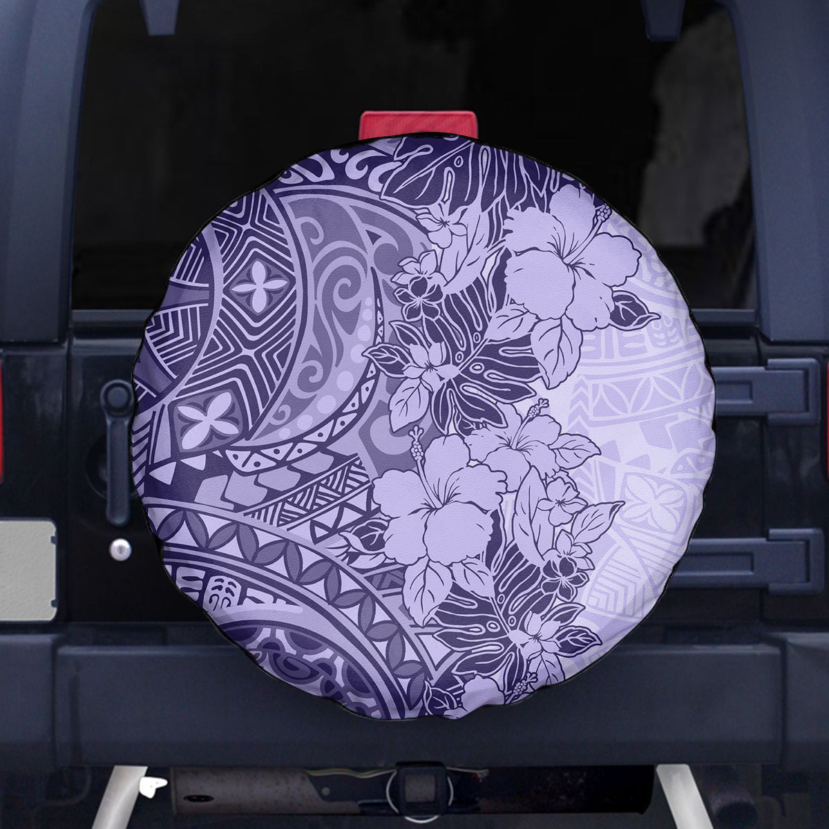 Polynesia Spare Tire Cover Hibiscus and Hawaiian Tribal Tattoo Retro Style Violet Color - Wonder Print Shop