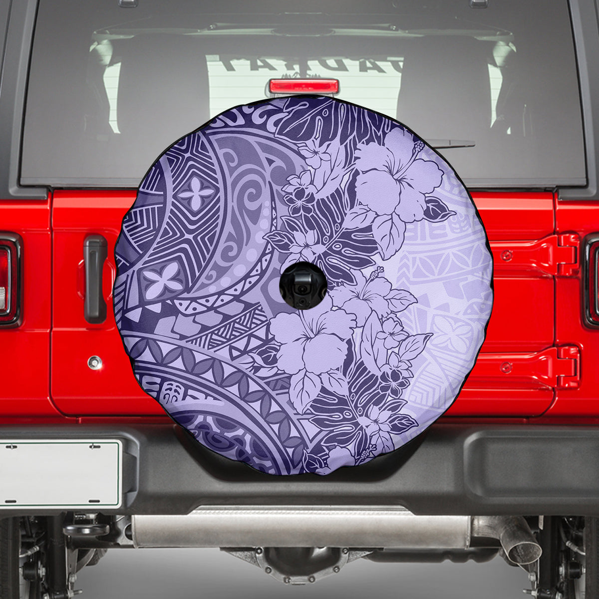 Polynesia Spare Tire Cover Hibiscus and Hawaiian Tribal Tattoo Retro Style Violet Color - Wonder Print Shop