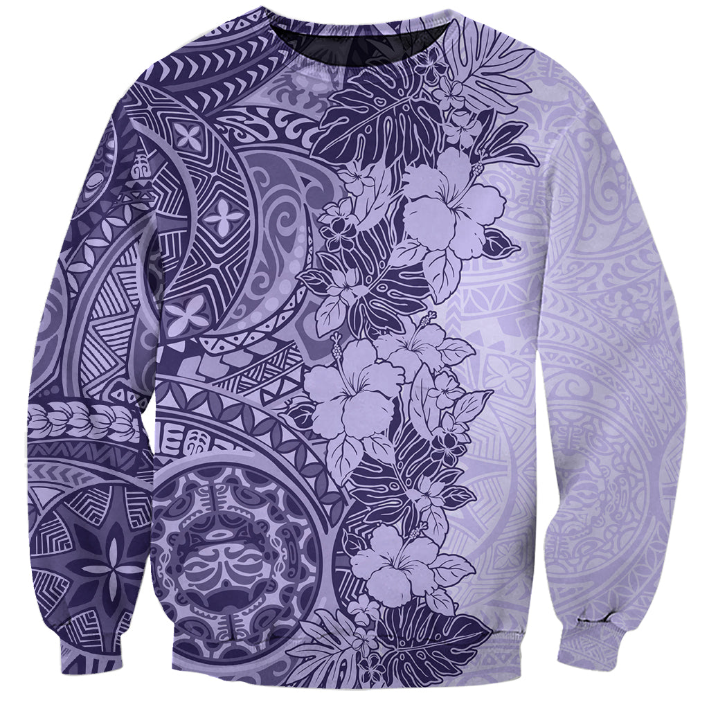 Polynesia Sweatshirt Hibiscus and Hawaiian Tribal Tattoo Retro Style Violet Color - Wonder Print Shop