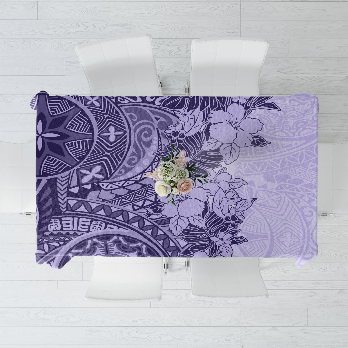 Polynesia Tablecloth Hibiscus and Hawaiian Tribal Tattoo Retro Style Violet Color - Wonder Print Shop