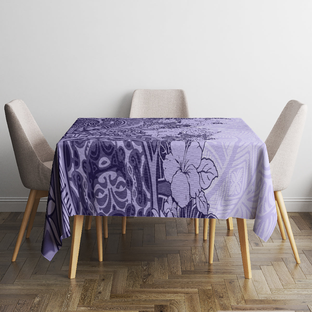 Polynesia Tablecloth Hibiscus and Hawaiian Tribal Tattoo Retro Style Violet Color - Wonder Print Shop