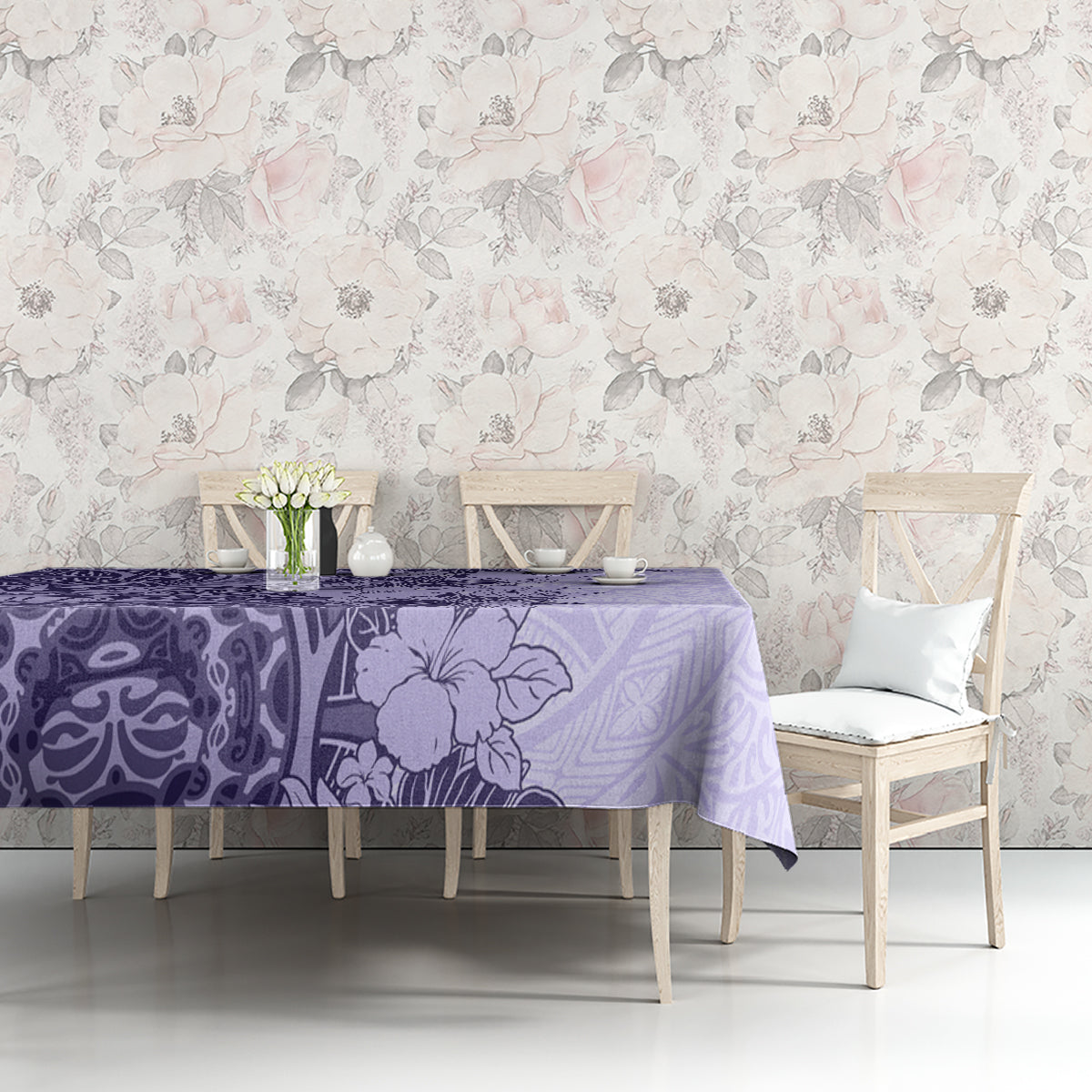 Polynesia Tablecloth Hibiscus and Hawaiian Tribal Tattoo Retro Style Violet Color - Wonder Print Shop