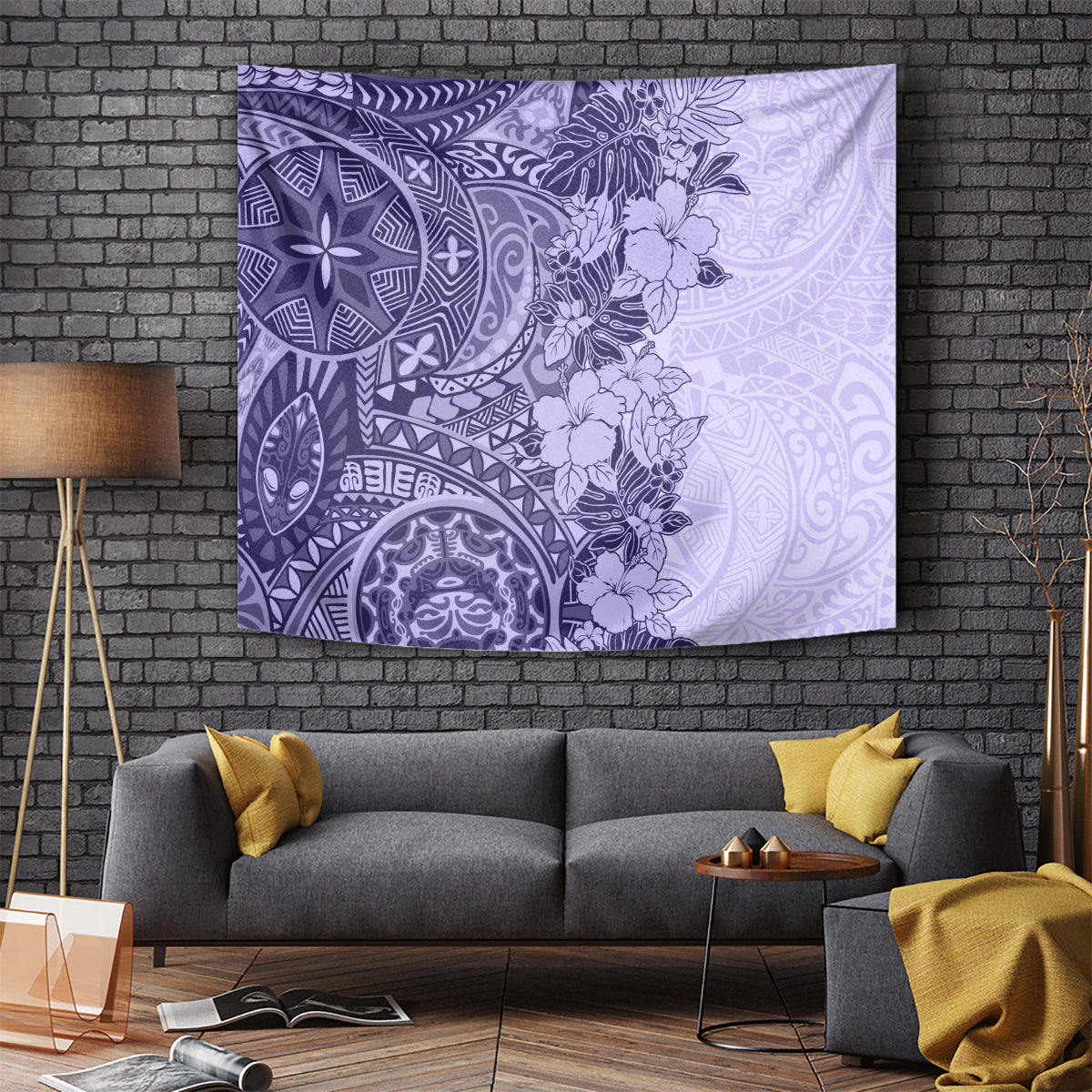 Polynesia Tapestry Hibiscus and Hawaiian Tribal Tattoo Retro Style Violet Color - Wonder Print Shop