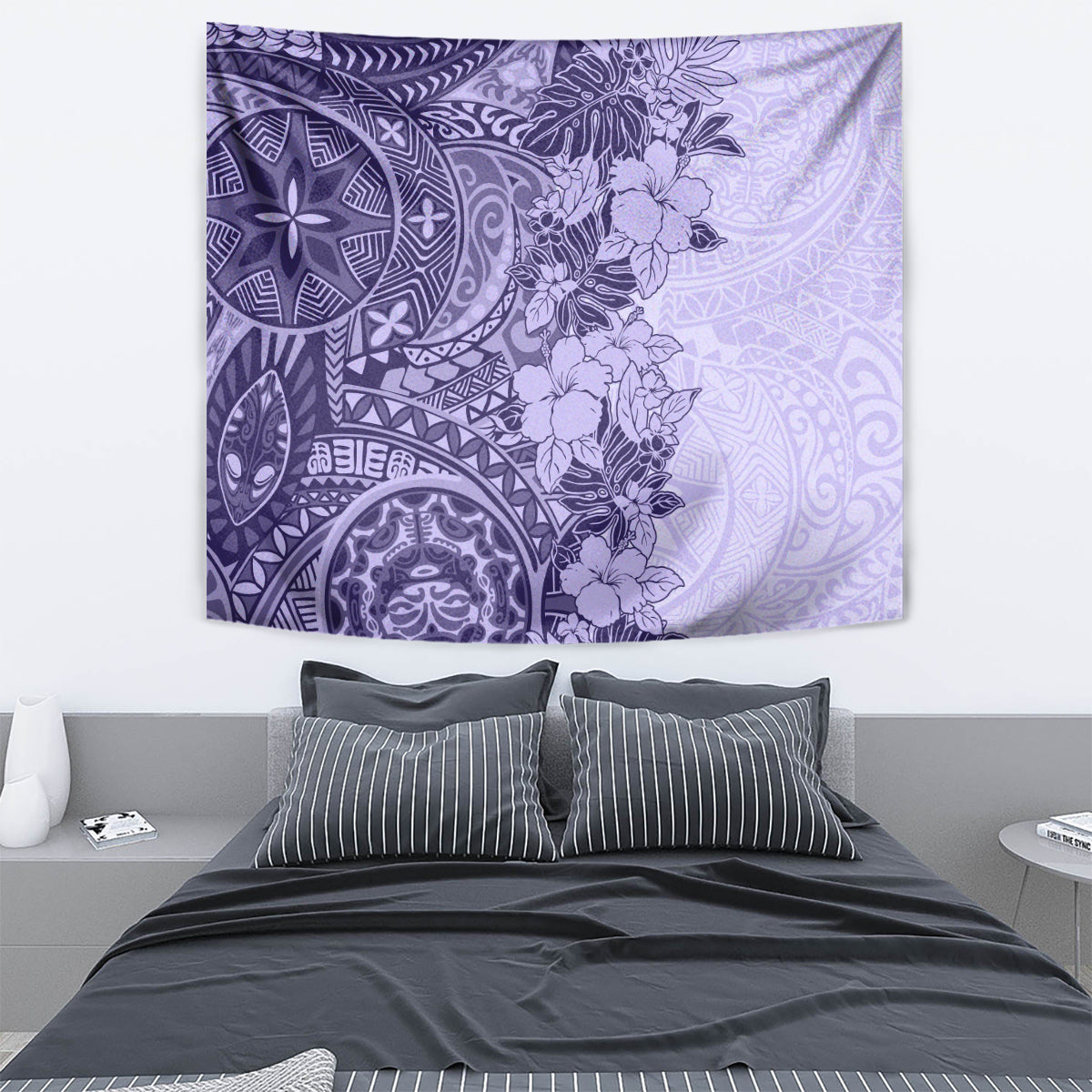 Polynesia Tapestry Hibiscus and Hawaiian Tribal Tattoo Retro Style Violet Color - Wonder Print Shop