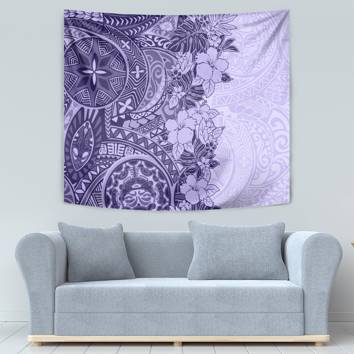 Polynesia Tapestry Hibiscus and Hawaiian Tribal Tattoo Retro Style Violet Color - Wonder Print Shop
