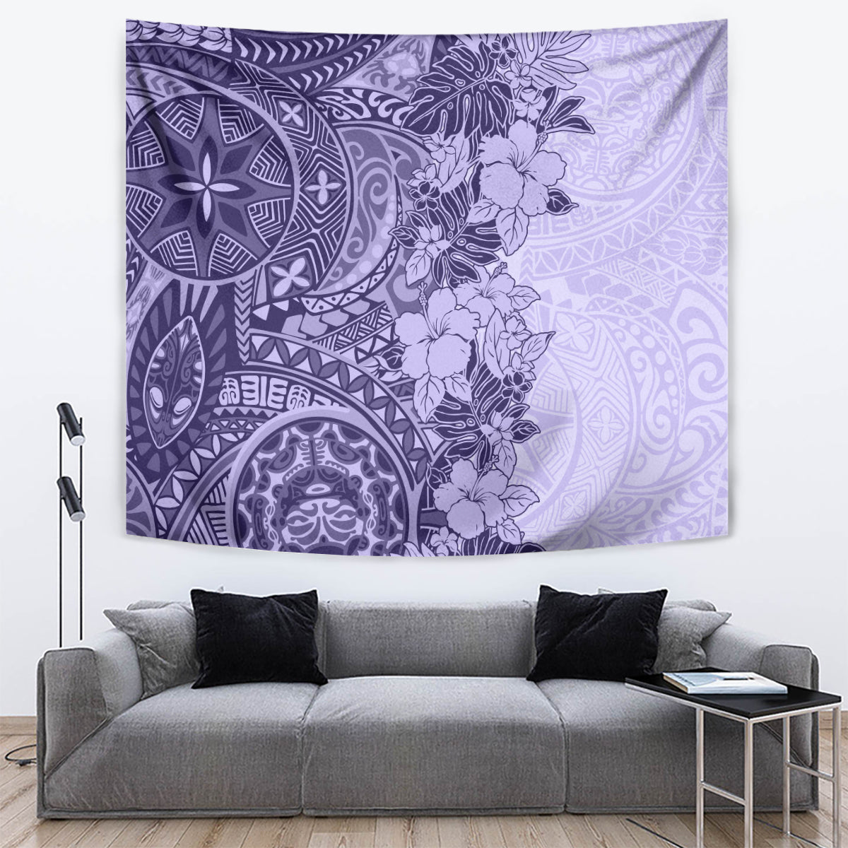 Polynesia Tapestry Hibiscus and Hawaiian Tribal Tattoo Retro Style Violet Color - Wonder Print Shop
