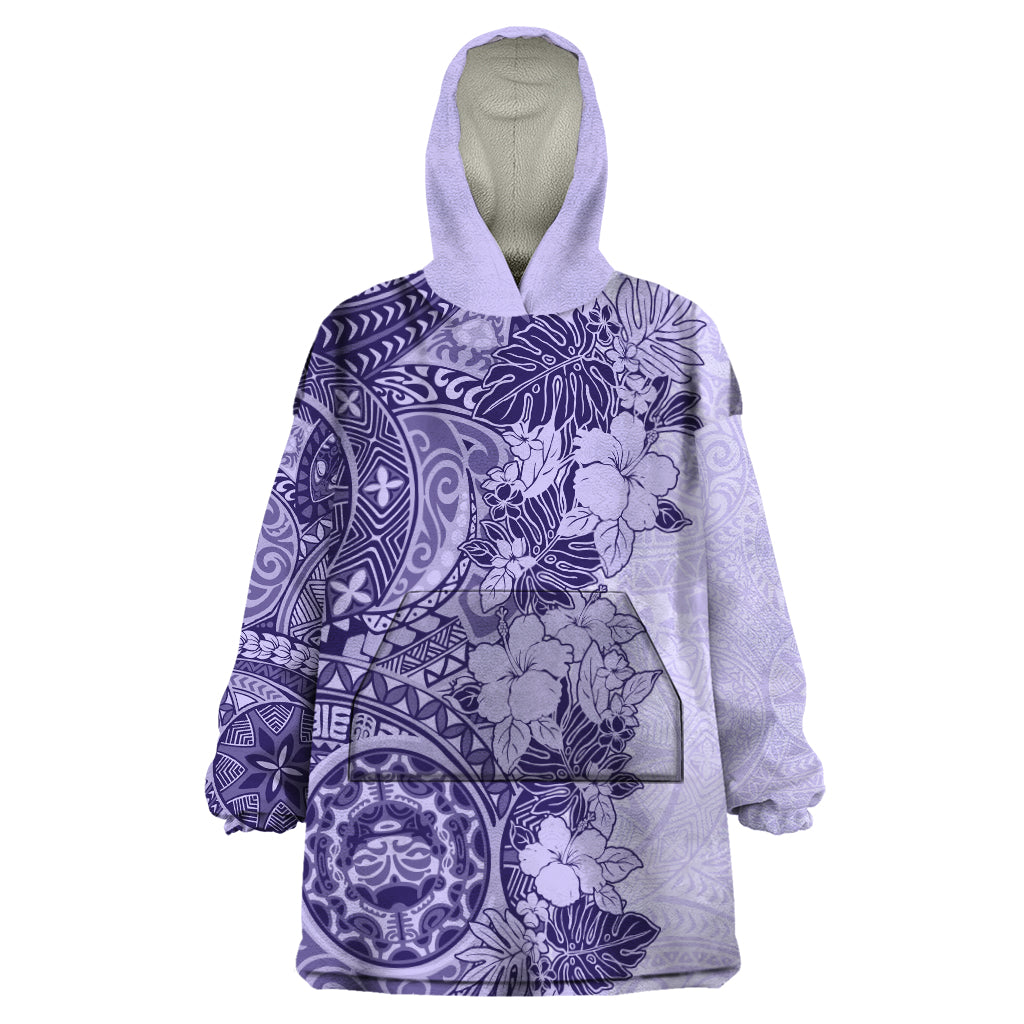 Polynesia Wearable Blanket Hoodie Hibiscus and Hawaiian Tribal Tattoo Retro Style Violet Color - Wonder Print Shop