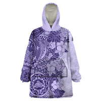 Polynesia Wearable Blanket Hoodie Hibiscus and Hawaiian Tribal Tattoo Retro Style Violet Color - Wonder Print Shop