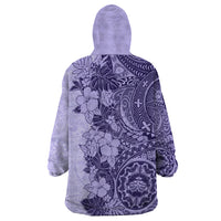 Polynesia Wearable Blanket Hoodie Hibiscus and Hawaiian Tribal Tattoo Retro Style Violet Color - Wonder Print Shop