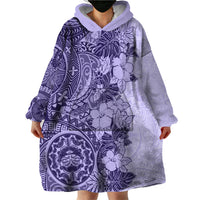 Polynesia Wearable Blanket Hoodie Hibiscus and Hawaiian Tribal Tattoo Retro Style Violet Color - Wonder Print Shop