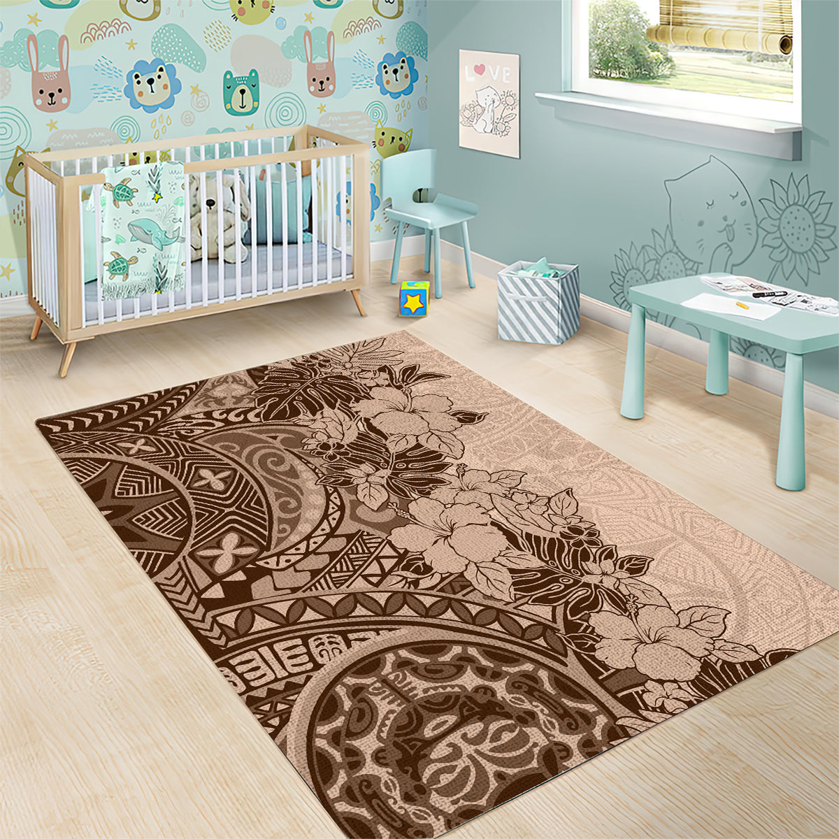 Polynesia Area Rug Hibiscus and Hawaiian Tribal Tattoo Retro Style Pink Pastel LT9 - Wonder Print Shop