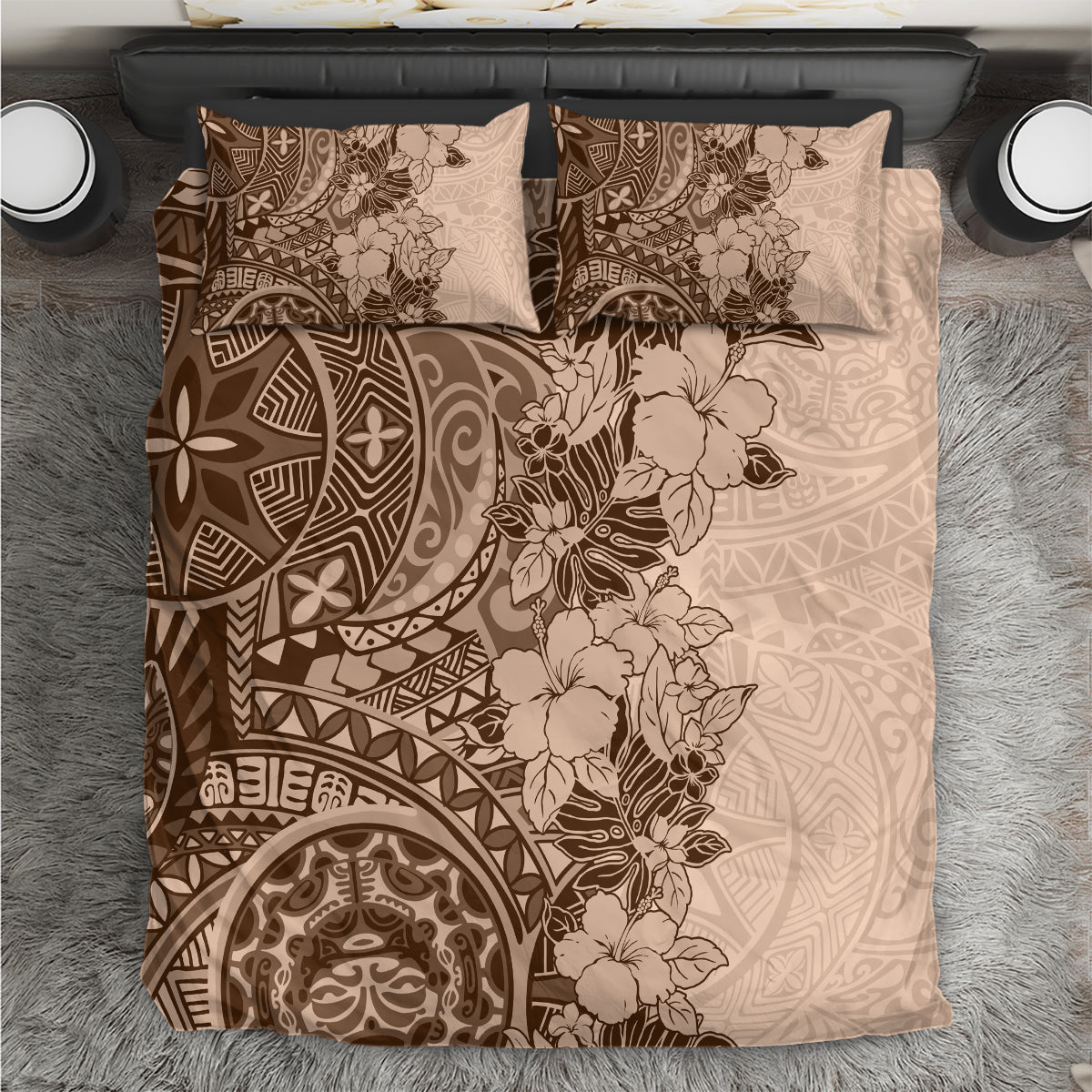 Polynesia Bedding Set Hibiscus and Hawaiian Tribal Tattoo Retro Style Pink Pastel LT9 - Wonder Print Shop