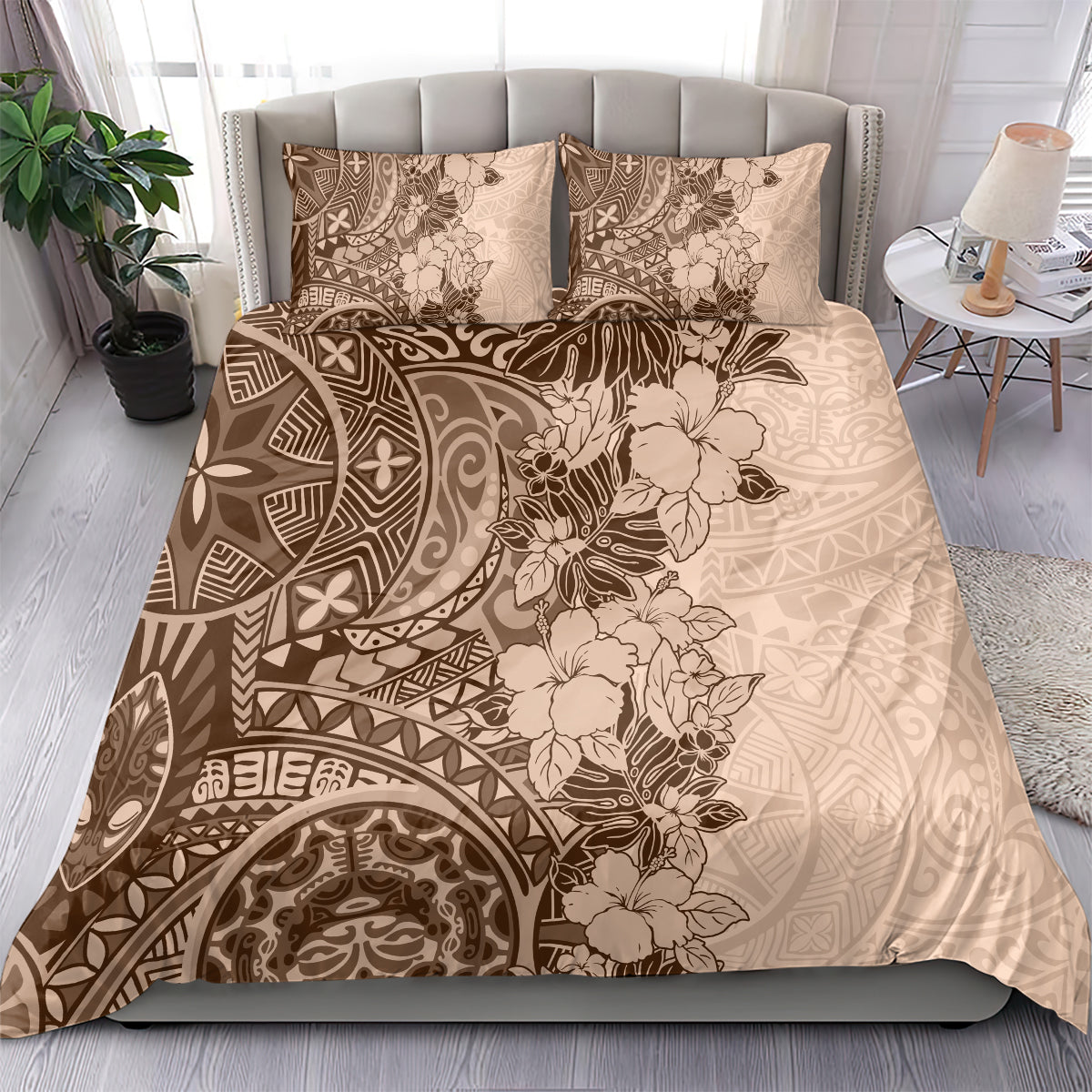 Polynesia Bedding Set Hibiscus and Hawaiian Tribal Tattoo Retro Style Pink Pastel LT9 - Wonder Print Shop