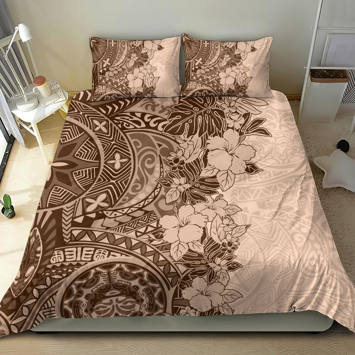 Polynesia Bedding Set Hibiscus and Hawaiian Tribal Tattoo Retro Style Pink Pastel LT9 - Wonder Print Shop