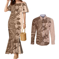 polynesia-couples-matching-mermaid-dress-and-long-sleeve-button-shirt-hibiscus-and-hawaiian-tribal-tattoo-retro-style-pink-pastel