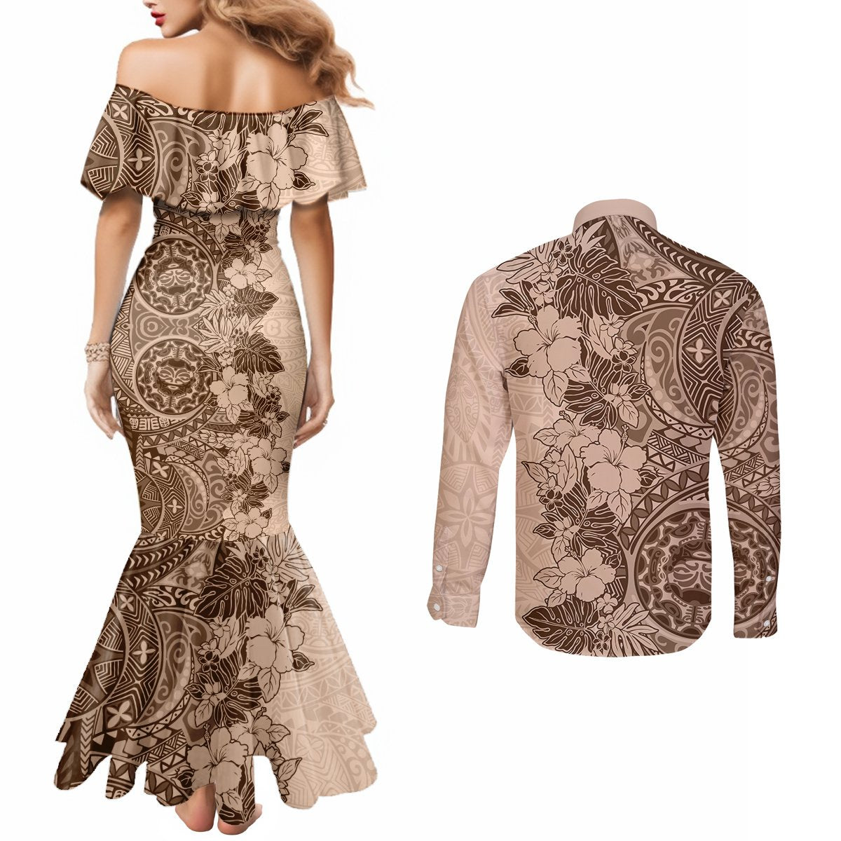 polynesia-couples-matching-mermaid-dress-and-long-sleeve-button-shirt-hibiscus-and-hawaiian-tribal-tattoo-retro-style-pink-pastel