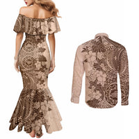 polynesia-couples-matching-mermaid-dress-and-long-sleeve-button-shirt-hibiscus-and-hawaiian-tribal-tattoo-retro-style-pink-pastel