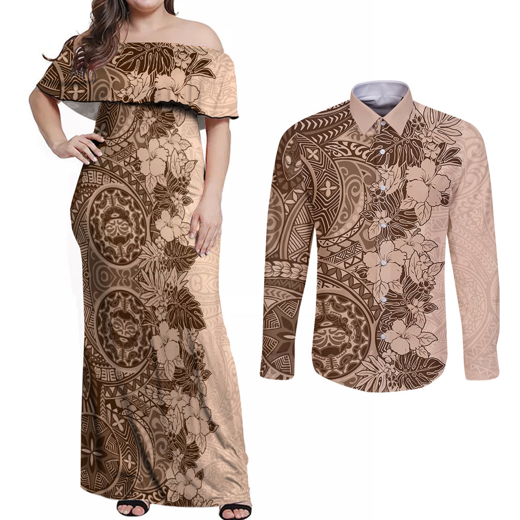 Polynesia Couples Matching Off Shoulder Maxi Dress and Long Sleeve Button Shirt Hibiscus and Hawaiian Tribal Tattoo Retro Style Pink Pastel LT9 - Wonder Print Shop