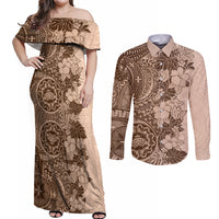 Polynesia Couples Matching Off Shoulder Maxi Dress and Long Sleeve Button Shirt Hibiscus and Hawaiian Tribal Tattoo Retro Style Pink Pastel LT9 - Wonder Print Shop
