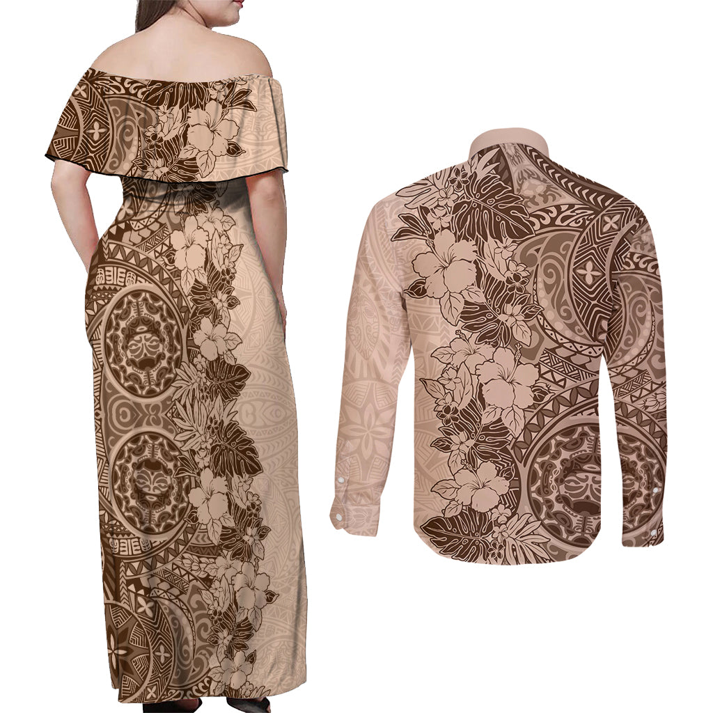 Polynesia Couples Matching Off Shoulder Maxi Dress and Long Sleeve Button Shirt Hibiscus and Hawaiian Tribal Tattoo Retro Style Pink Pastel LT9 - Wonder Print Shop