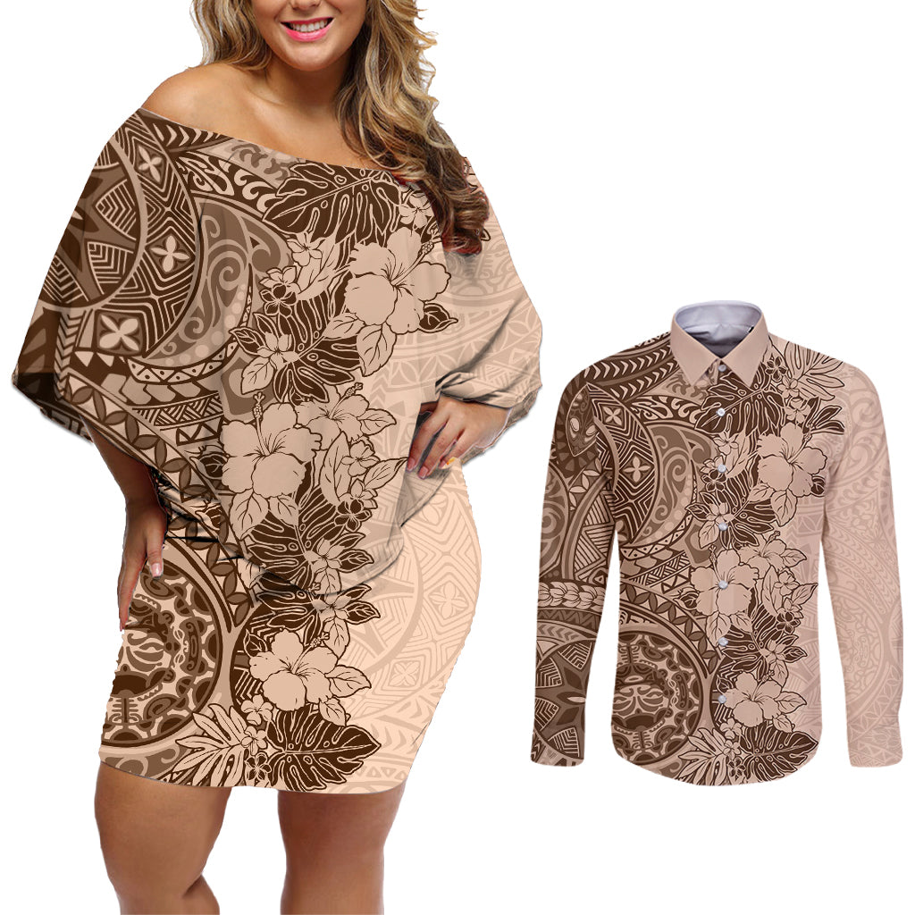 Polynesia Couples Matching Off Shoulder Short Dress and Long Sleeve Button Shirt Hibiscus and Hawaiian Tribal Tattoo Retro Style Pink Pastel LT9 - Wonder Print Shop