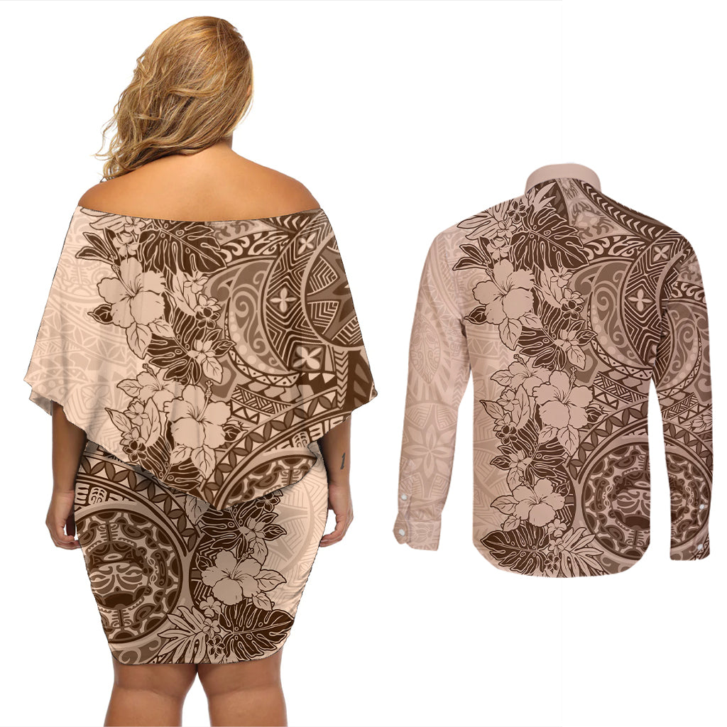 Polynesia Couples Matching Off Shoulder Short Dress and Long Sleeve Button Shirt Hibiscus and Hawaiian Tribal Tattoo Retro Style Pink Pastel LT9 - Wonder Print Shop