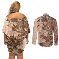 Polynesia Couples Matching Off Shoulder Short Dress and Long Sleeve Button Shirt Hibiscus and Hawaiian Tribal Tattoo Retro Style Pink Pastel LT9 - Wonder Print Shop