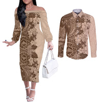 polynesia-couples-matching-off-the-shoulder-long-sleeve-dress-and-long-sleeve-button-shirt-hibiscus-and-hawaiian-tribal-tattoo-retro-style-pink-pastel