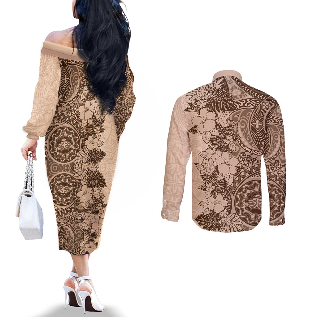 polynesia-couples-matching-off-the-shoulder-long-sleeve-dress-and-long-sleeve-button-shirt-hibiscus-and-hawaiian-tribal-tattoo-retro-style-pink-pastel