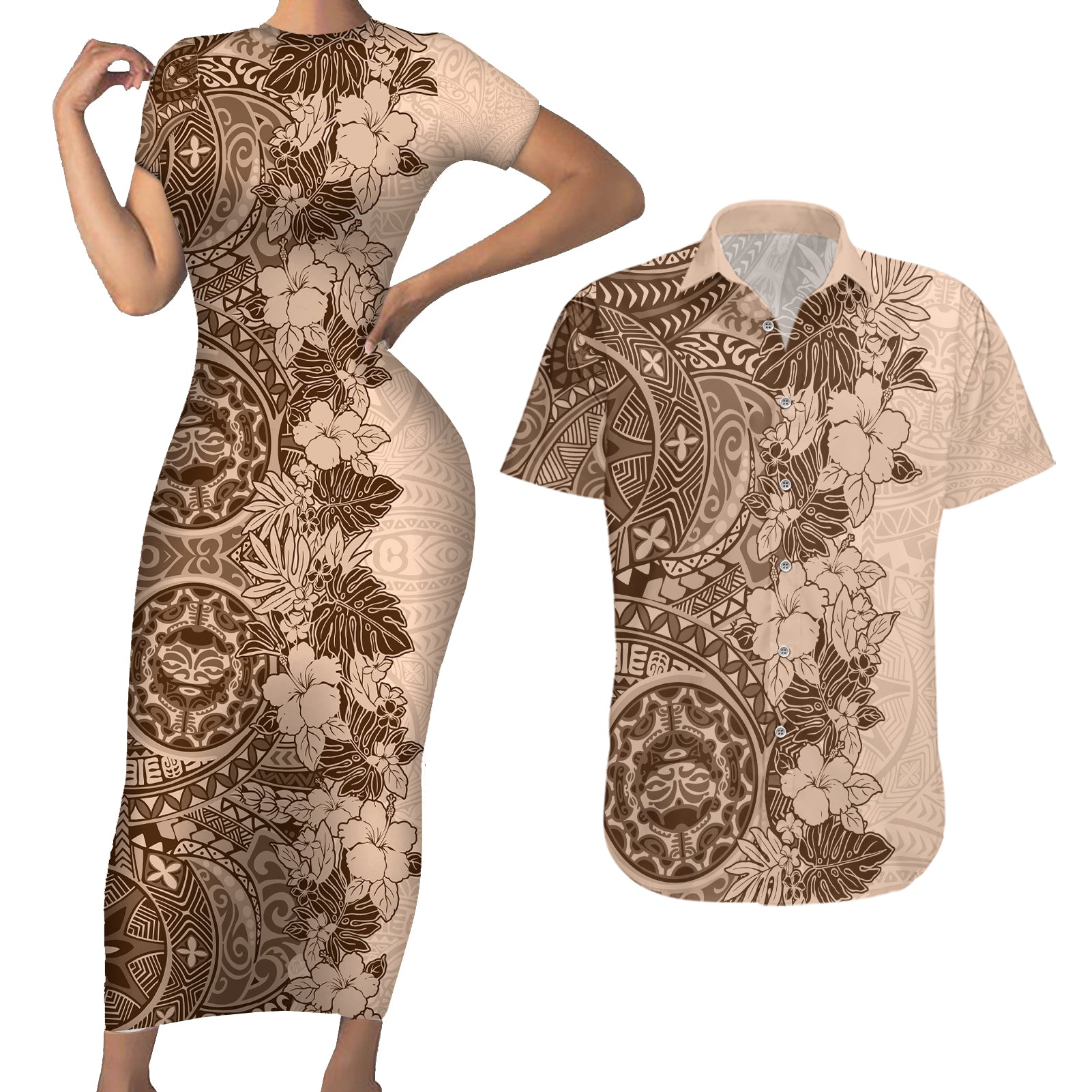 Polynesia Couples Matching Short Sleeve Bodycon Dress and Hawaiian Shirt Hibiscus and Hawaiian Tribal Tattoo Retro Style Pink Pastel LT9 - Wonder Print Shop