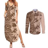 Polynesia Couples Matching Summer Maxi Dress and Long Sleeve Button Shirt Hibiscus and Hawaiian Tribal Tattoo Retro Style Pink Pastel LT9 - Wonder Print Shop